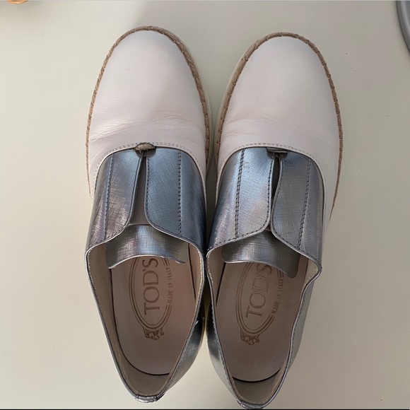 Tod’s white silver leather Espadrille slip on Sneakers Size 35
